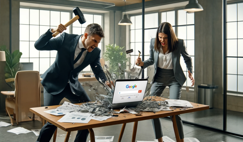 Angry SEOs smashing a laptop after negative organic search results