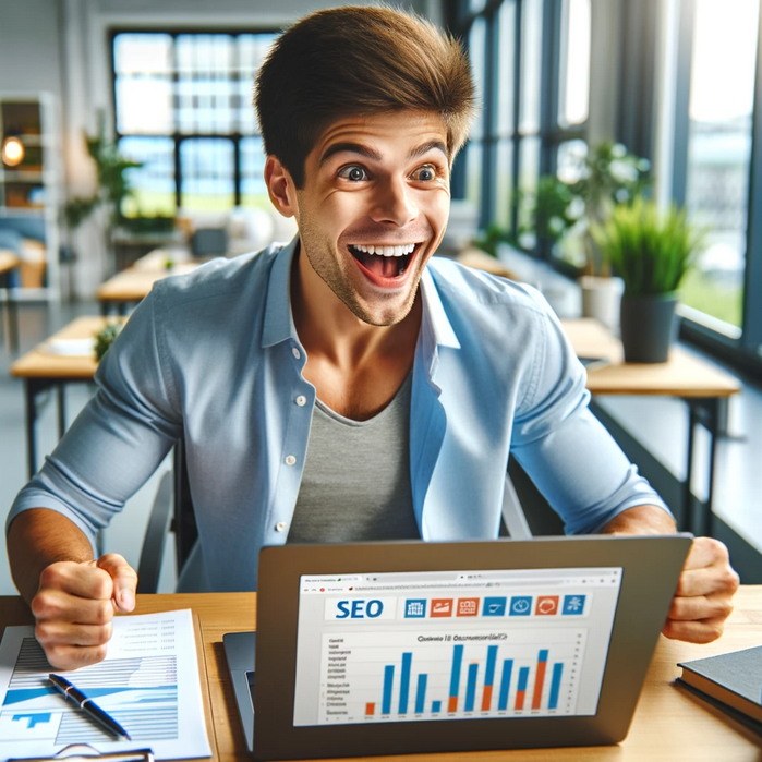 Happy SEO guy getting excited about organic search results