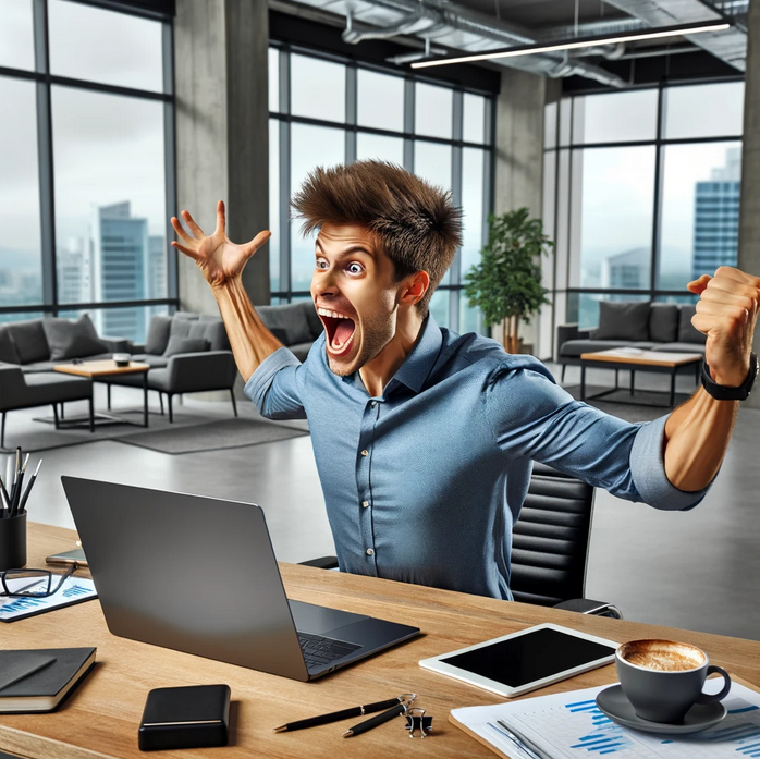 Insanely excited SEO guy reacting to organic traffic growth