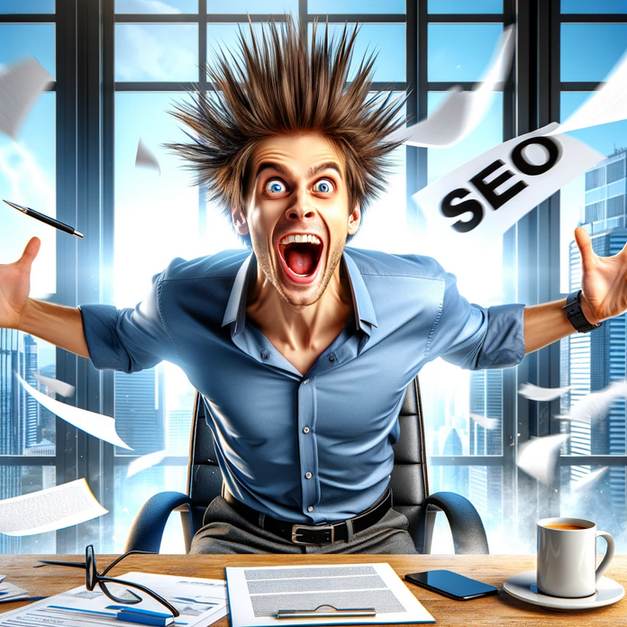 Funny AI image of an SEO guy losing his mind over search results
