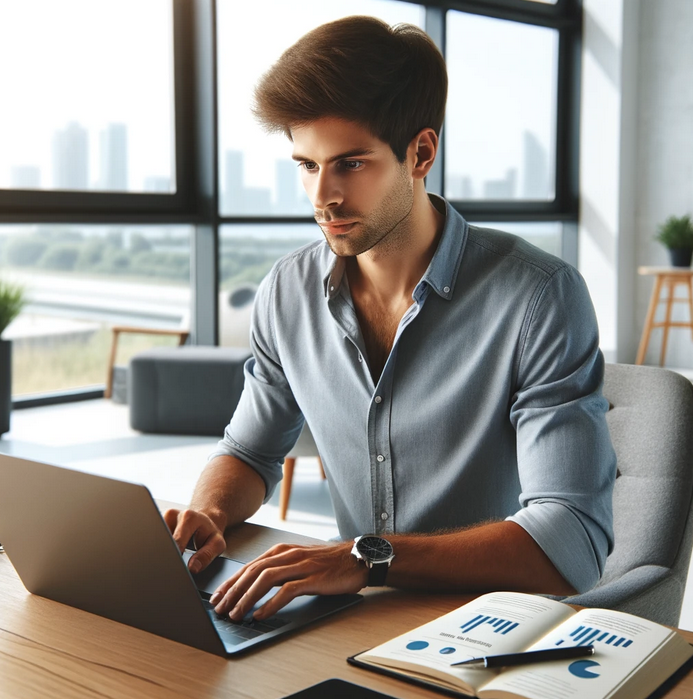 SEO laptop guy working on organic search tasks